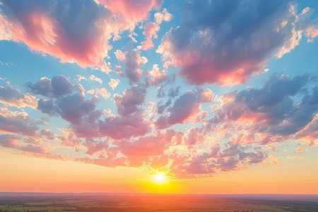 A vivid sunset sky with a bright shining sun and colorful cloudsの素材