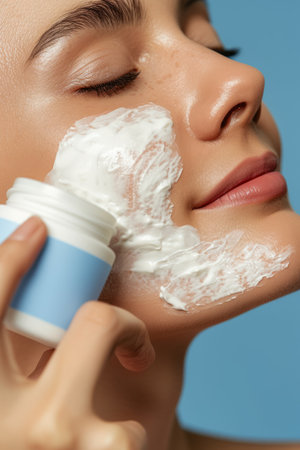 Closeup portrait of young caucasian woman applying white cream on her faceの素材