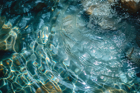 Blue water surface with sun reflection and causticsの素材
