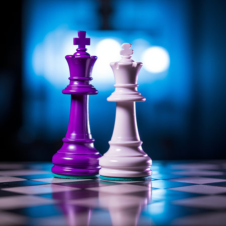 Purple and white chess pieces on a chessboard with a blue backgroundの素材