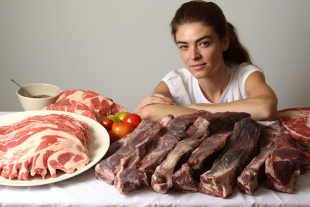 Close-up of female butcher posing with raw meatの素材