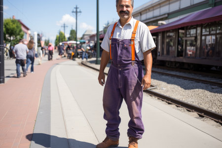 Smiling man wearing purple overalls and an orange suspenders standing on a train platformの素材
