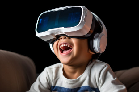 Little boy wearing virtual reality headset and headphonesの素材