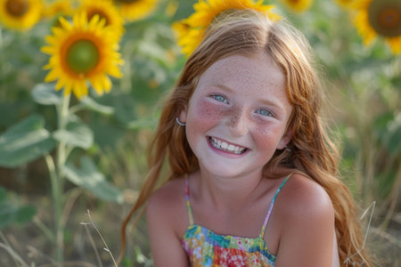 Portrait of a happy young girl with freckles and red hair in a field of sunflowersの素材