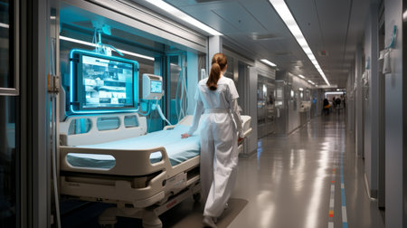 futuristic hospital interior with a nurse walking down the hallwayの素材