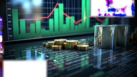 Stacks of gold coins with a glowing green circuit board in the background.の素材