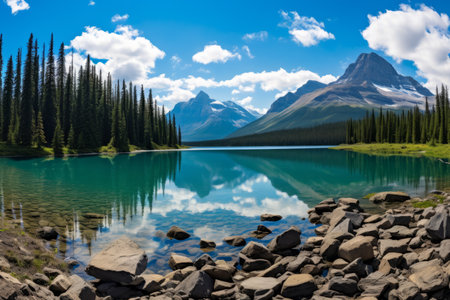 Mountains and lake landscape with blue water and green treesの素材