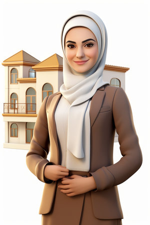 A young woman in a brown suit and white hijab is standing in front of a house.の素材