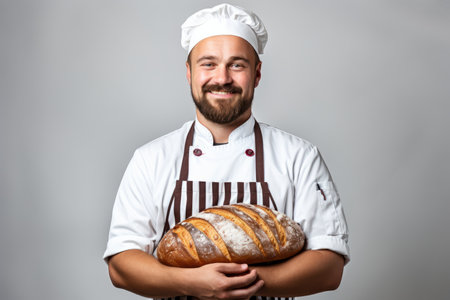 Bearded baker man holding a loaf of breadの素材