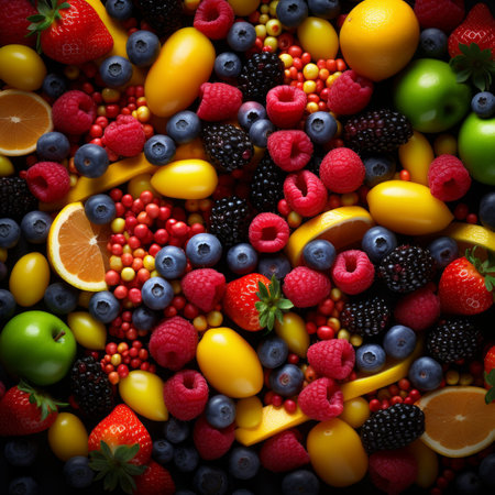 A variety of fresh fruits including strawberries, blueberries, raspberries, and blackberriesの素材