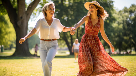carefree adult caucasian mother and daughter holding hands in a parkの素材