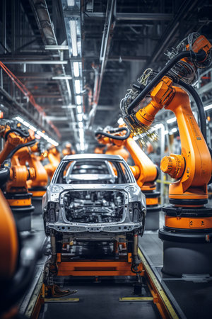Car manufacturing robots on the production lineの素材