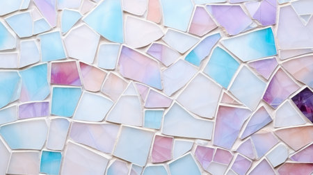 Close-up of a mosaic wall with pink, purple, and blue tilesの素材