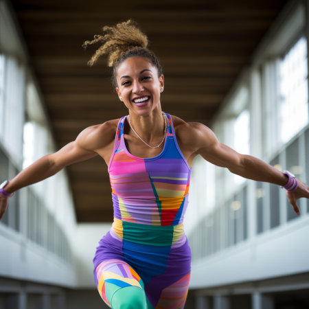 A young female athlete with curly hair is smiling and jumping in a colorful sportswear.の素材