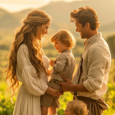Happy family of four in a field at sunsetの素材