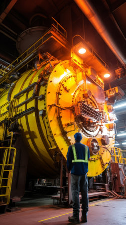An industrial worker in a hard hat and safety vest looks up at a large yellow machine.の素材