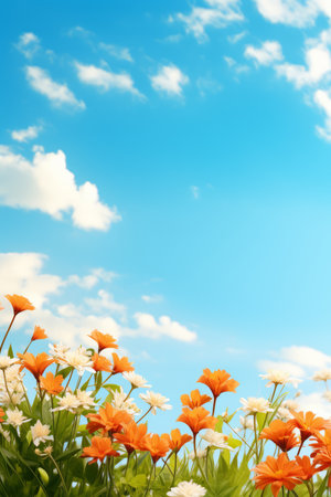 Orange and white daisies against a blue sky backgroundの素材
