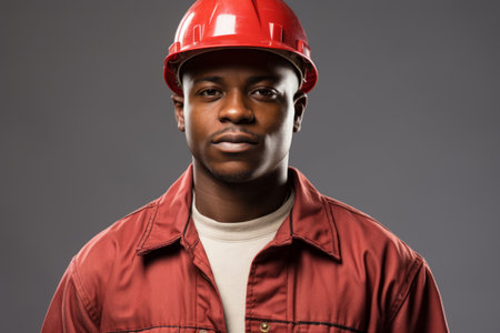 portrait of a young black male construction worker wearing a hardhatの素材