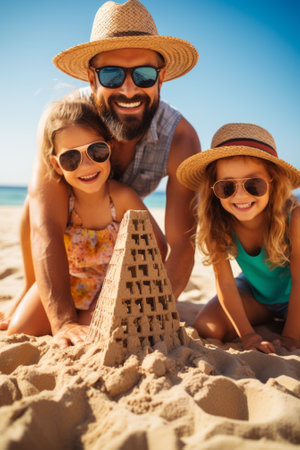 Father and daughters building sandcastle on beachの素材