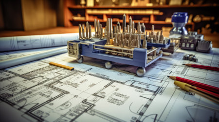 A collection of metal rods of varying lengths arranged in a dense formation on a table with blueprintsの素材