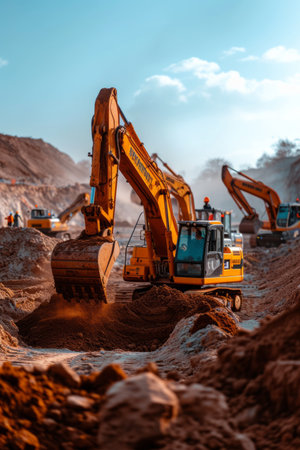 Several workers are working on the construction site with excavatorsの素材