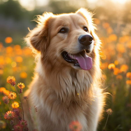 A golden retriever dog sits in a field of yellow flowersの素材