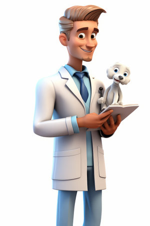 A cartoon veterinarian holding a puppyの素材