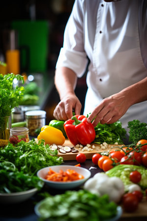 Caucasian male chef chopping red bell pepper in commercial kitchenの素材