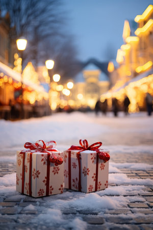 Two wrapped presents with red ribbon left on snowy street with blurred background of people walking by at a Christmas marketの素材