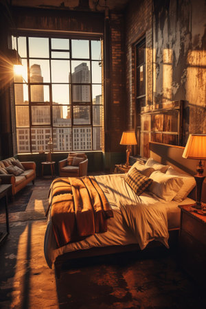 Cozy bedroom with a view of the cityの素材