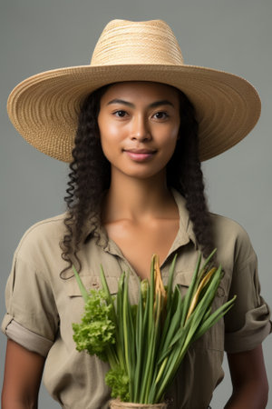 Portrait of a young woman wearing a straw hat and holding a bunch of green onionsの素材