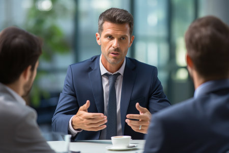 Business meeting in progress with three peopleの素材