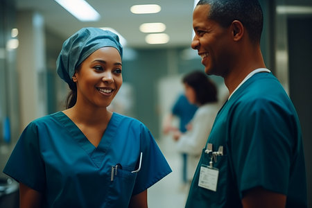 Two surgeons in scrubs talking in a hospital hallwayの素材