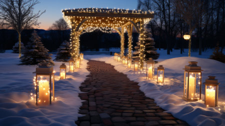 A beautiful snowy path lit by lanterns and fairy lightsの素材