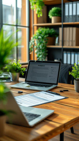 Modern home office desk with computer and plantsの素材