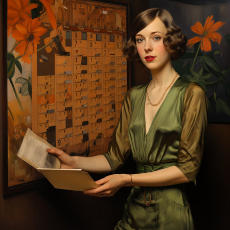 Elegant woman in a green dress standing in front of a wall with a calendarの素材