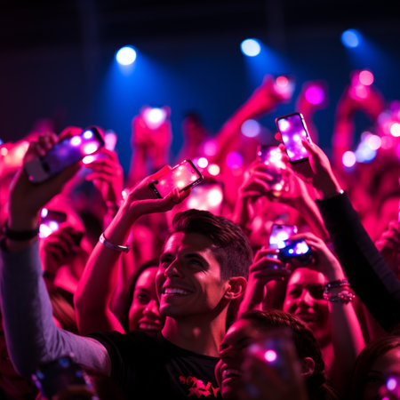 Audience at a concert taking pictures with their phonesの素材