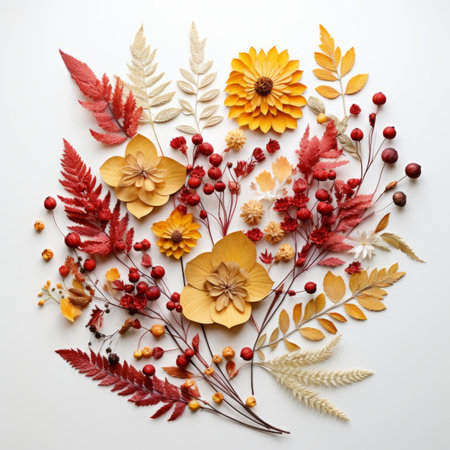An arrangement of red, orange, and yellow flowers and leavesの素材