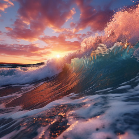 Huge wave in the ocean during sunsetの素材