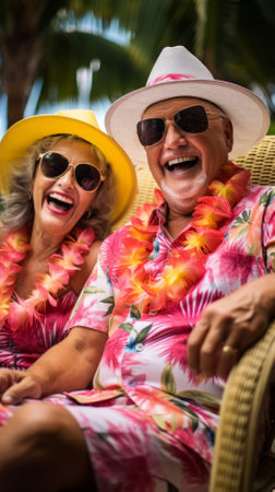Happy retired couple laughing together on a tropical vacationの素材