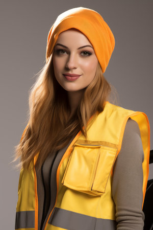 Portrait of a young woman wearing a hard hat and a reflective vestの素材