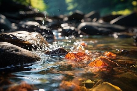 Water flowing over rocks in a riverの素材