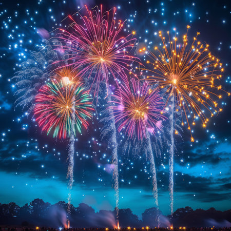Fireworks light up the sky above a crowd of peopleの素材