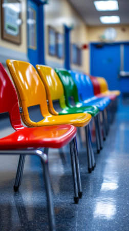 A row of colorful chairs in a waiting roomの素材