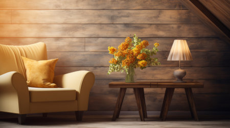 A cozy living room with a yellow armchair, a wooden table, and a vase of flowersの素材
