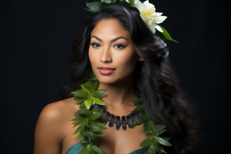 portrait of a beautiful young woman wearing a hawaiian flower headdress and necklaceの素材