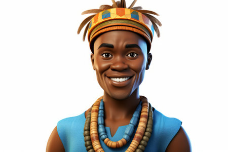 Portrait of a smiling African man wearing a traditional headdress and necklaceの素材