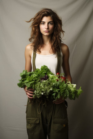 Portrait of a young woman holding a bunch of fresh vegetablesの素材