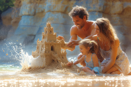 Family of three building a sandcastle on the beachの素材