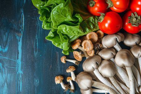 Fresh organic vegetables and mushrooms on a blue wooden backgroundの素材